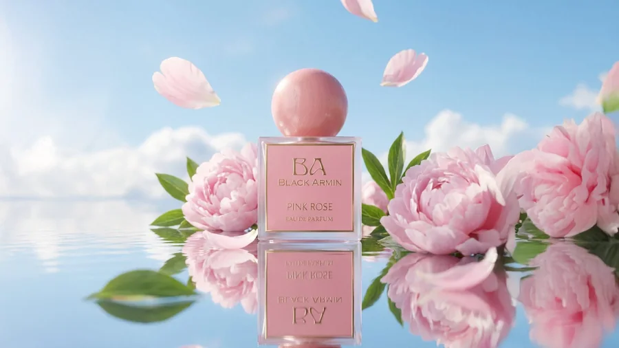 Pink Rose bottle among peonies under open sky