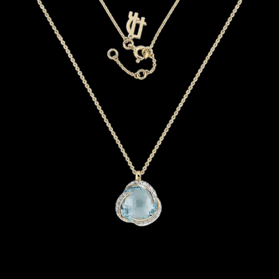 Aquamarine drop pendant on gold chain, studio product shot