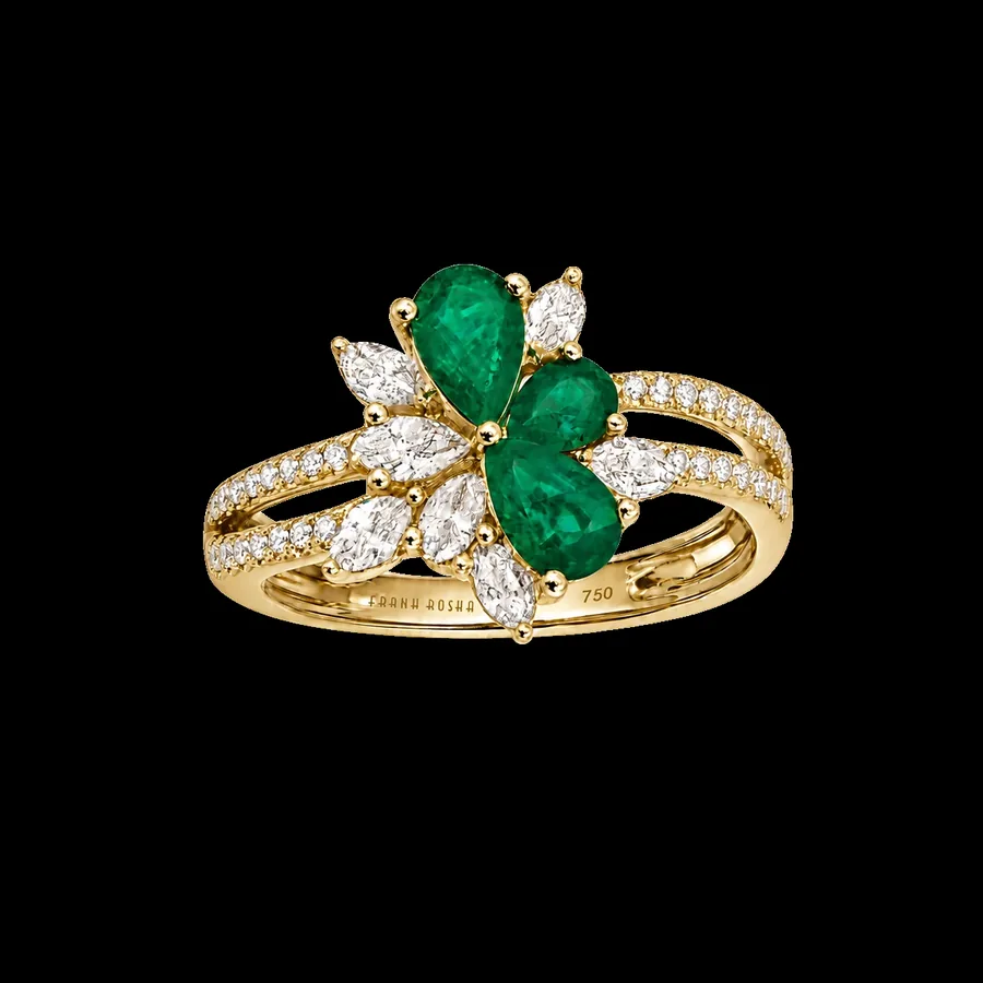 Emerald and diamond gold ring, studio product shot