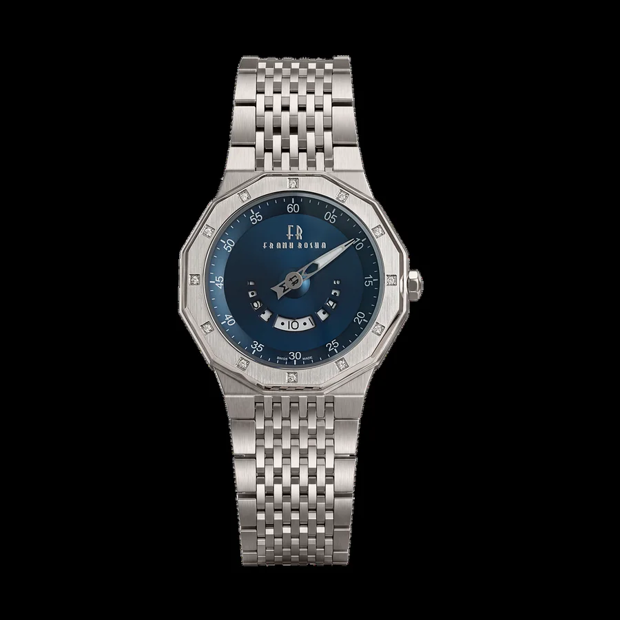 Frank Rosha steel watch with blue sunburst dial